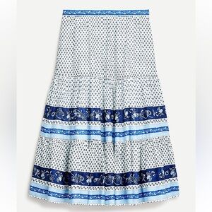 J.CREW Tiered Midi Skirt In Blue Ribbon Block‎ Print Size M Cottage Prairie